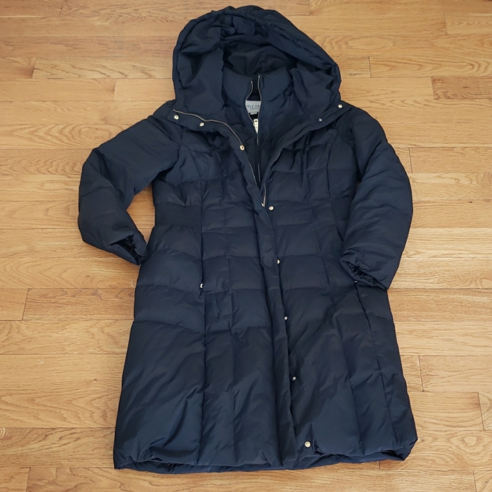 Cole Haan 3/4 down coat with hood navy blue women's L